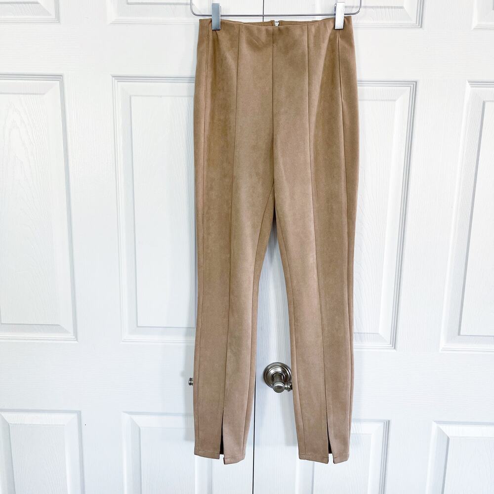BLANKNYC Tan Faux Suede Split Hem Leggings High Rise Minimalist Quiet Luxury